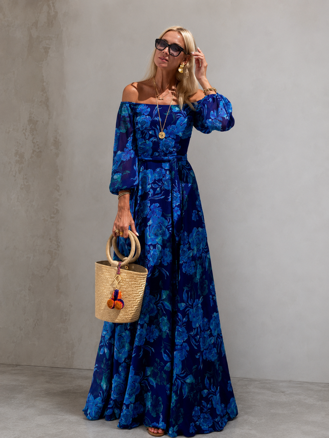 Luna™ | Long Floral Print Dress with Off-the-Shoulder Sleeves