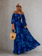 Luna™ | Long Floral Print Dress with Off-the-Shoulder Sleeves