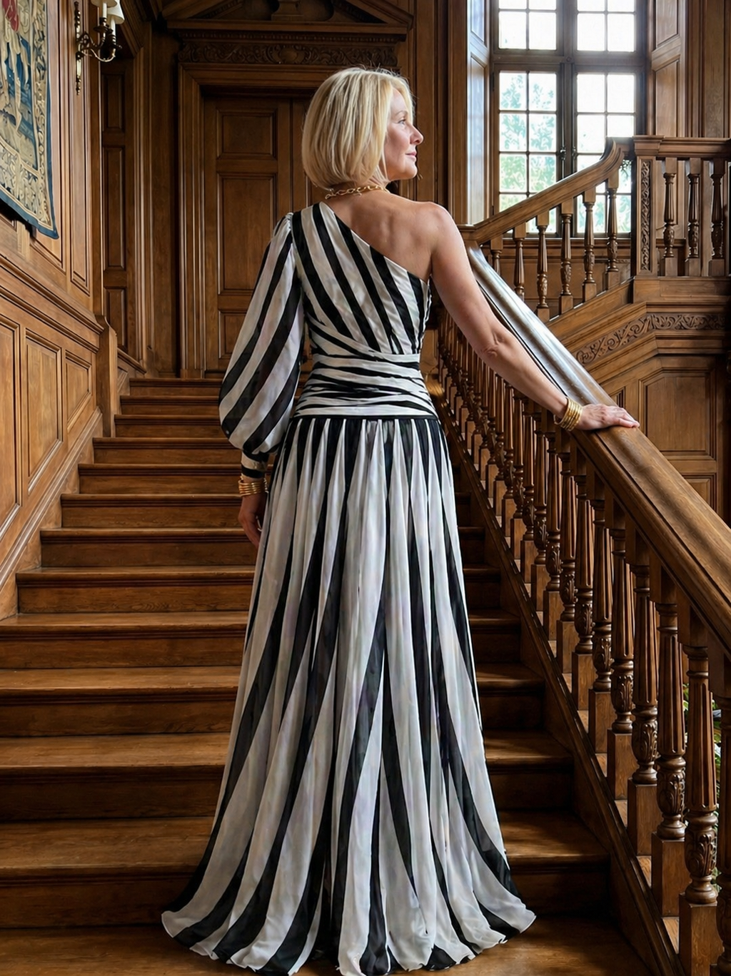 Violet & Grace™ |Elegant Striped Maxi Dress with One Shoulder