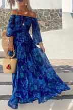 Luna™ | Long Floral Print Dress with Off-the-Shoulder Sleeves