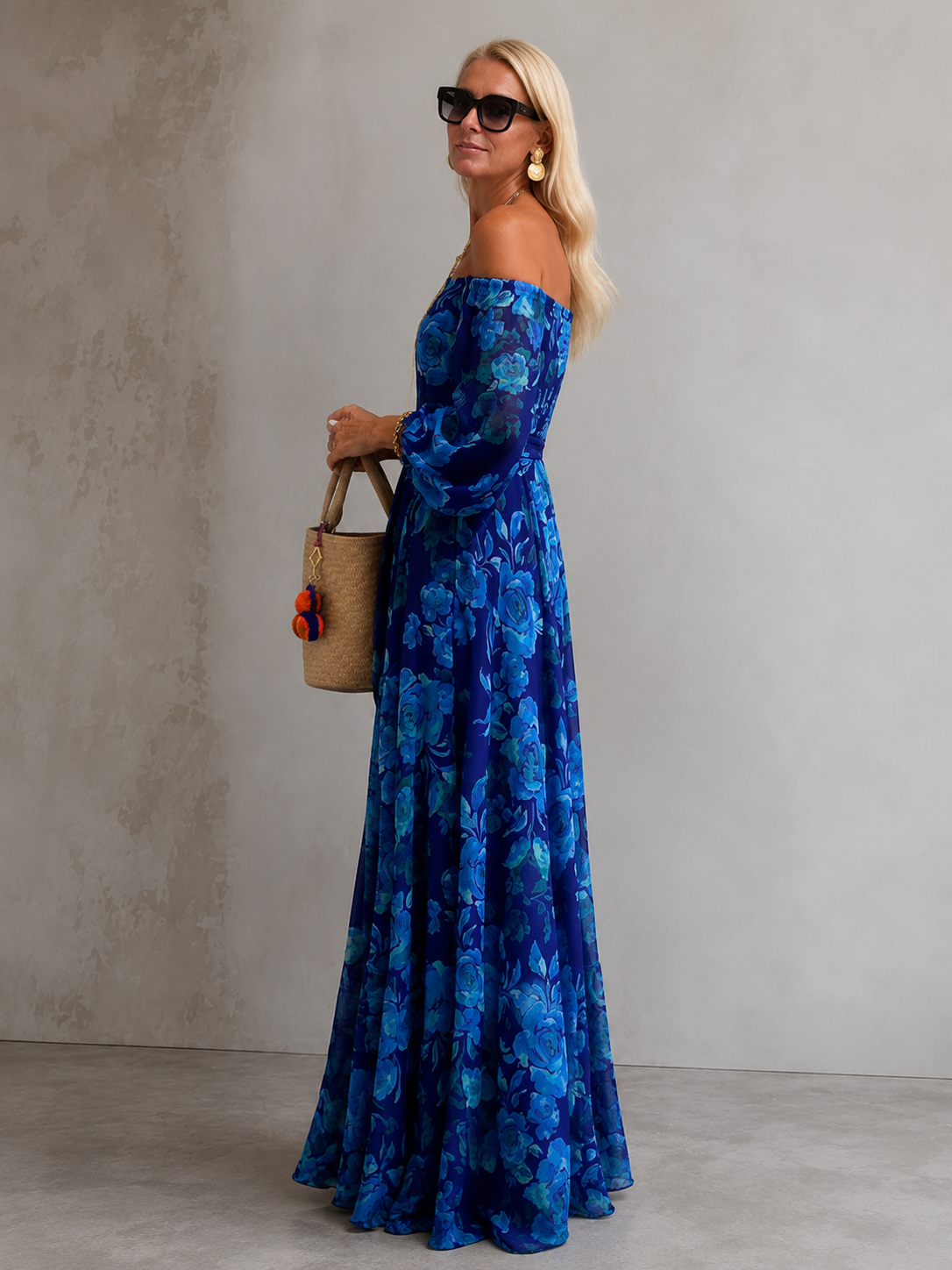 Luna™ | Long Floral Print Dress with Off-the-Shoulder Sleeves
