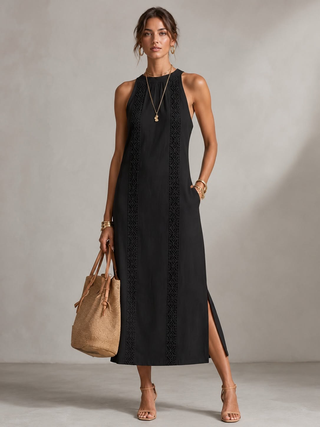 Jimena | Relaxed Embroidered Mandarin Collar Midi Dress