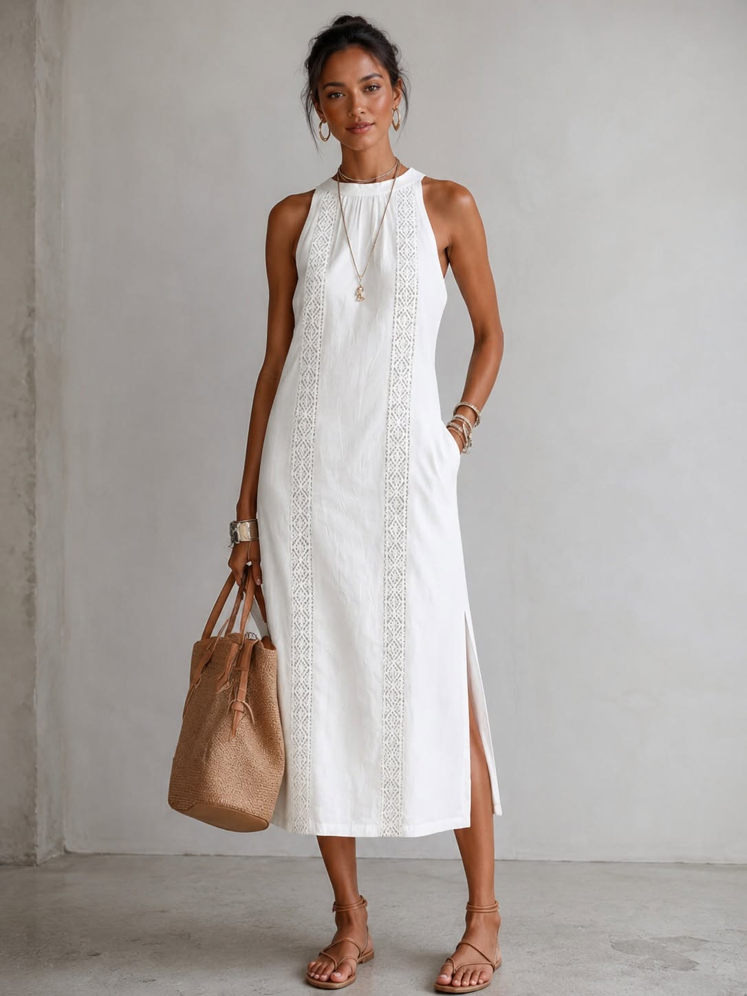 Jimena | Relaxed Embroidered Mandarin Collar Midi Dress