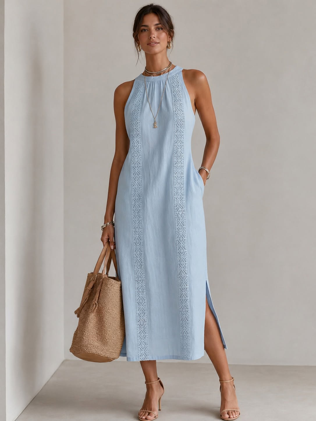 Jimena | Relaxed Embroidered Mandarin Collar Midi Dress