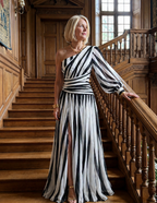 Violet & Grace™ |Elegant Striped Maxi Dress with One Shoulder