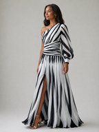 Violet & Grace™ |Elegant Striped Maxi Dress with One Shoulder