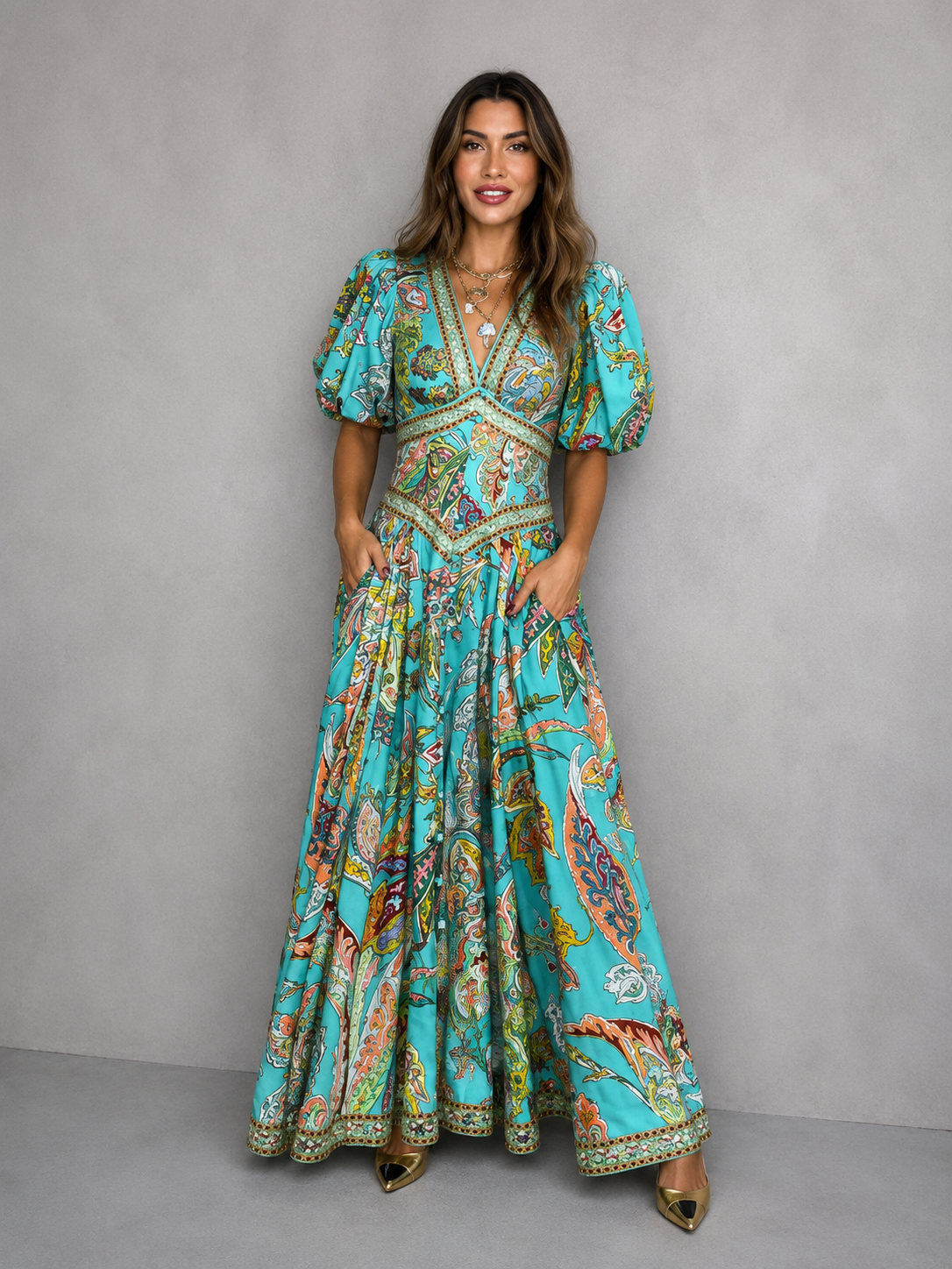 Elizabeth™ | Airy maxi dress with puff sleeves and V-neck