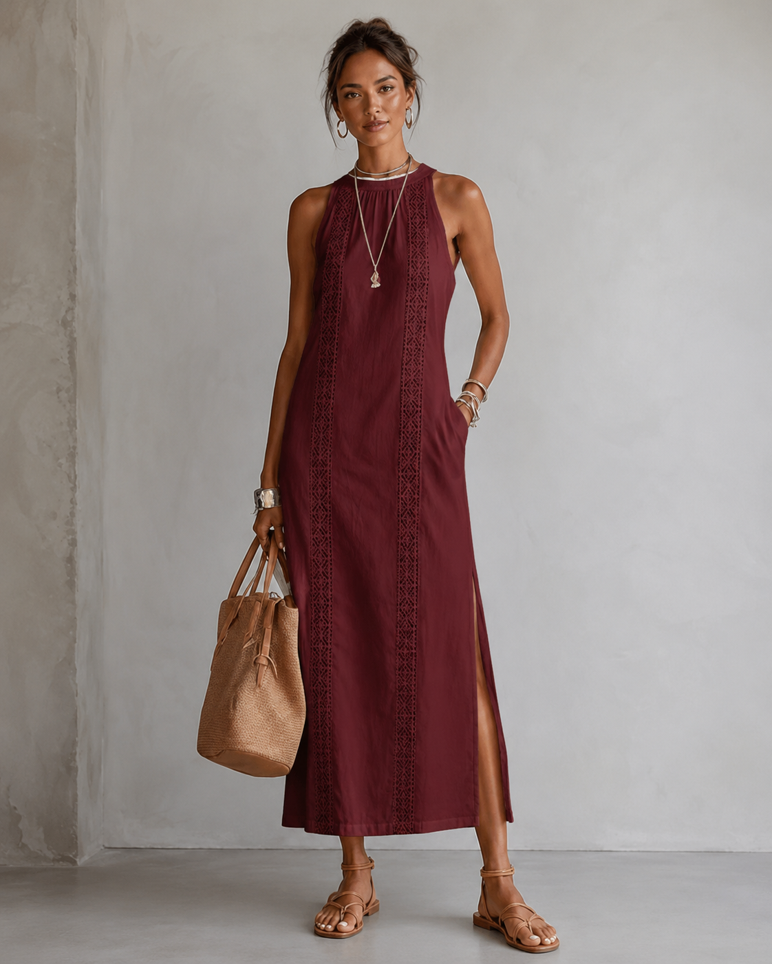 Jimena | Relaxed Embroidered Mandarin Collar Midi Dress