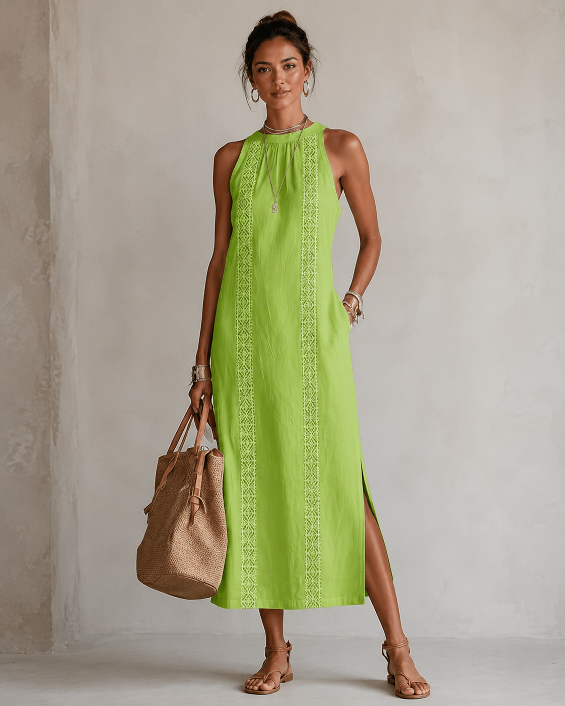 Jimena | Relaxed Embroidered Mandarin Collar Midi Dress