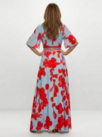 V Neck Short Sleeve Floral Maxi Dress