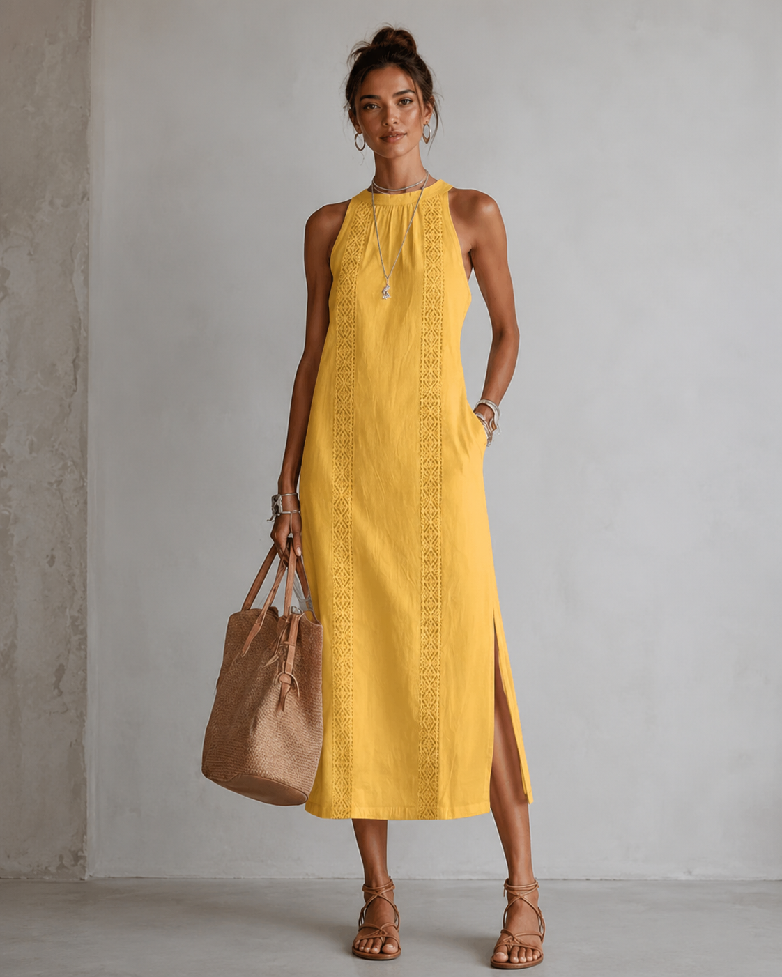 Jimena | Relaxed Embroidered Mandarin Collar Midi Dress